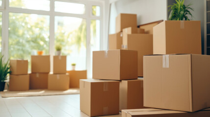 Stacks of cardboard boxes for moving day in a bright, sunny room with large windows and a view of greenery.