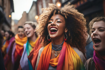 portrait of a girl at a gay pride parade, happy and joyful emotions with friends, LGBT concept - obrazy, fototapety, plakaty
