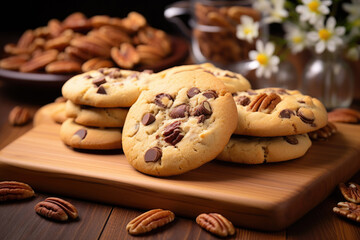 Naklejka premium Chocolate chip cookies with pecans- A delicious image of chocolate chip cookies topped with pecans. Perfect for food blogs, bakery websites, and any content related to baking or desserts.