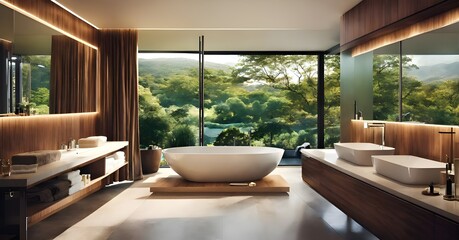 Fototapeta premium Luxury Eco-Friendly Bathroom: Vegetation views, Green Living, Stylish Design