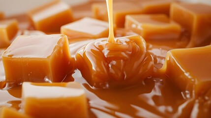 Close-up of caramel cubes in the shape of a pyramid along which liquid caramel flows  - obrazy, fototapety, plakaty
