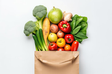 fres fruits and vegetables in bag on white background, healthy food