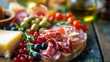 Charcuterie plate with prosciutto salami cheese and berries olives Aperitif Antipasti Italian table - obrazy, fototapety, plakaty