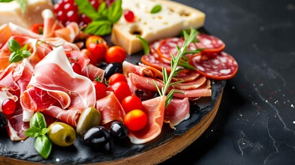 Charcuterie plate with prosciutto salami cheese and berries olives Aperitif Antipasti Italian table