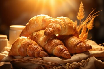 Fresh croissants on the table, freshly baked croissants, breakfast food, bakery advertising illustration, breakfast catalog