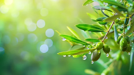 Fototapeten branch of olives in water drops on a blurred green background © PSCL RDL