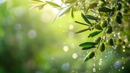 branch of olives in water drops on a blurred green background