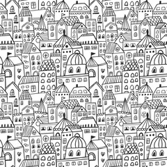 Seamless black and white pattern with hand drawn city - 709016684