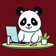Panda is Sitting With Computer Vector Art Illustration Design 