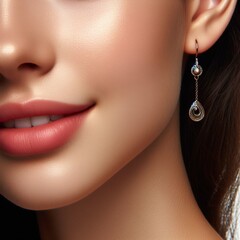 Close-up of a beautiful face, a young girl, brunette with natural beauty, glowing skin without makeup, an earring in her ear. Part of the face, cosmetology concept. Cosmetics, beauty products. 