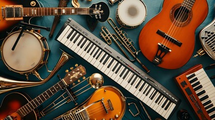 Assorted collage of musical instruments. Guitar keyboard Brass percussion studio music concept. - obrazy, fototapety, plakaty