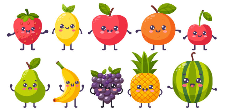 Groovy cartoon fruits set. Happy cute fruits characters, plants with smiling face, funny berries, graphic elements isolated collection. Vector food illustration.