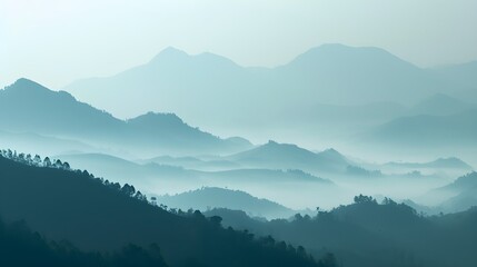tranquil morning with layers of mountains veiled in mist, showcasing the serene beauty of untouched nature.