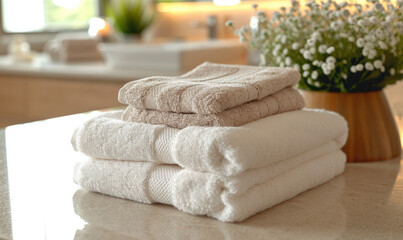 Fototapeta na wymiar Clean towels on table in Spa setting, Hotel and resort concept, Space for text