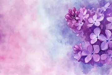 Fototapeta na wymiar Lilac background the meaning of often associated with the first emotions of love, valentine theme, watercolor, mother's day, big copy space.