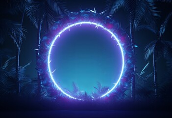 the illustration of a neon circular frame surrounded by leaves, in the style of uhd image, dark sky-blue, animated gifs, enigmatic tropics, unreal engine.