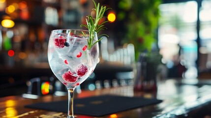 a Glas with gin and wildberry on a table in a bar