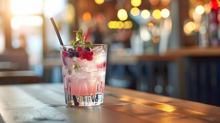 a Glas with gin and wildberry on a table in a bar - obrazy, fototapety, plakaty