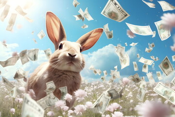 flying dollar banknotes around easter rabbit , Generative AI