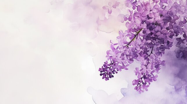 A blooming branch of lilac background, watercolor, copy space.