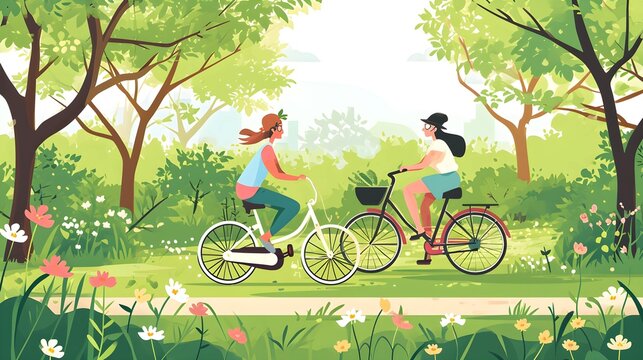 A Family on a Relaxed Bicycle Ride in a Lush Park with Blossoming Flora and Verdant Trees Emblematic of Outdoor Activities with Space for Copy