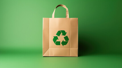 Brown paper bag with a green recycle symbol, representing environmentally friendly packaging on a green background.