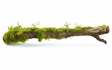     Captured from a side angle, a rotting branch adorned with fresh green moss and surrounded by soil is isolated on a white background, featuring a clipping path.

