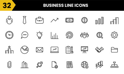 Financial business line vector icon set. This set includes various elements such as growth, management, strategy, people, achievement and etc. Simple icon graphic symbol design