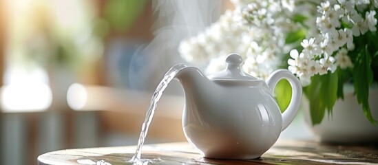 Neti Pot treatment for runny nose and colds: nasal lavage, irrigation therapy. - obrazy, fototapety, plakaty