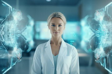 Portrait of female experienced doctor in operation room, against the backdrop of a white office and x-ray pictures. Generative AI - obrazy, fototapety, plakaty