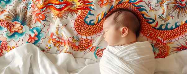 Sleeping Asian baby on bed. Chinese new year concept.