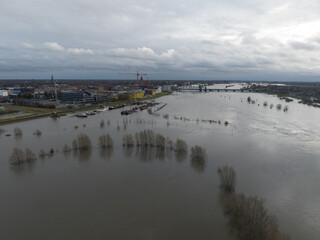 Floods in The Netherlands, high rise water levels. High water, river overflowing with water.