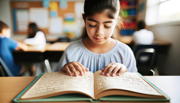 Blind child at school sitting in the classroom reading a book in braille.