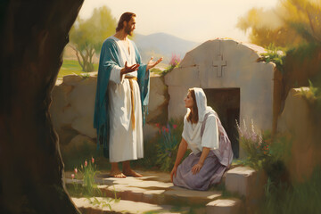 Jesus Christ appearing to Mary Magdalene at empty tomb after resurrection - obrazy, fototapety, plakaty