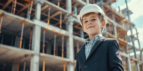 Future Builder: Boy in white Hard Hat at Construction Site. Smiling young boy dressed in a suit and hard hat stand at a construction site, youthful aspiration.