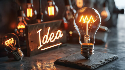 A bright idea in workshop. Light bulb concept. Business growth. Innovation. - obrazy, fototapety, plakaty