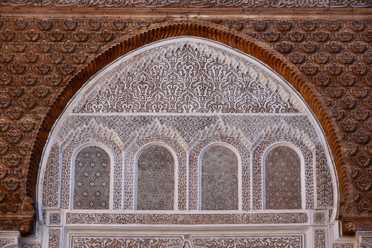 Large, Elaborately Carved Arch with Restored Cedar and Stucco, Medersa Ben Youssef, Marrakech
