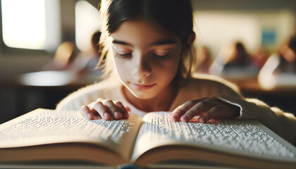 Blind child at school sitting in the classroom reading a book in braille.