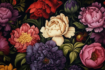 Elegant floral pattern, colorful flowers on dark background, Valentine day holiday art card