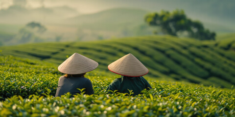 Serene Tea Plantation Morning work, sunny day. Vietnamese workers in conical hats tending lush tea garden. - obrazy, fototapety, plakaty