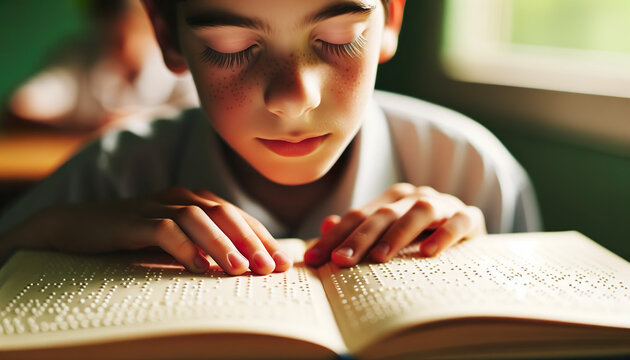 Blind child at school sitting in the classroom reading a book in braille.