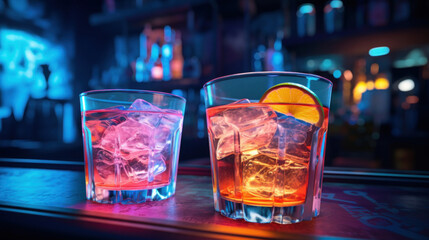 Two illuminated cocktails on a bar counter with a vibrant, colorful backdrop.