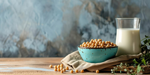 Soybeans in Bowl with Glass of Soy Milk, copy space. A nutritious setup of soybeans, fresh soy milk on a textured blue background.