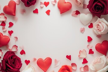 Valentine's Day background with red hearts and rose flowers on white background. AI generated
