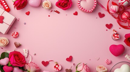 Valentine's day background with hearts, roses, gift box and sweets. AI generated
