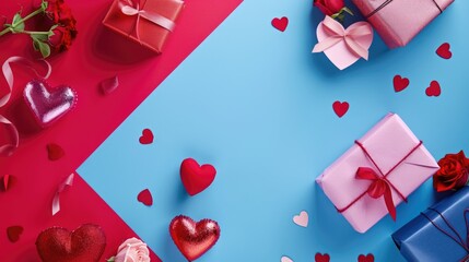 Valentine's Day background with gift boxes and red hearts on blue and red background. AI generated