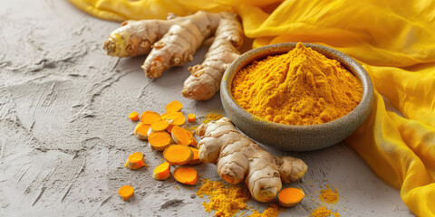 Vibrant Turmeric Powder and Root. Fresh turmeric sliced root beside bowl of bright yellow dry powder. Fabric in the background, copy space. - obrazy, fototapety, plakaty