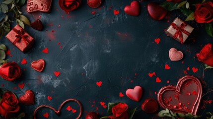 Valentines day background with red hearts, gift boxes and rose flowers on dark blue background. Top...