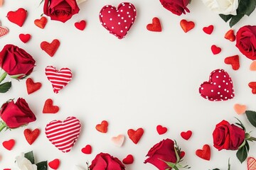 Valentine's day background with red and white roses and hearts on white background. AI generated