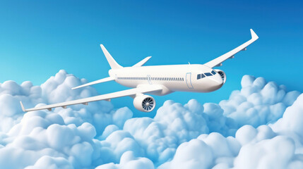 Obraz premium A commercial airliner cruises above fluffy white clouds against a clear blue sky.